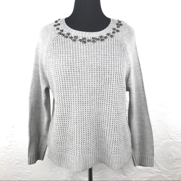 89th & Madison Gray Knit Jeweled Crew Neck Sweater - Picture 1 of 11
